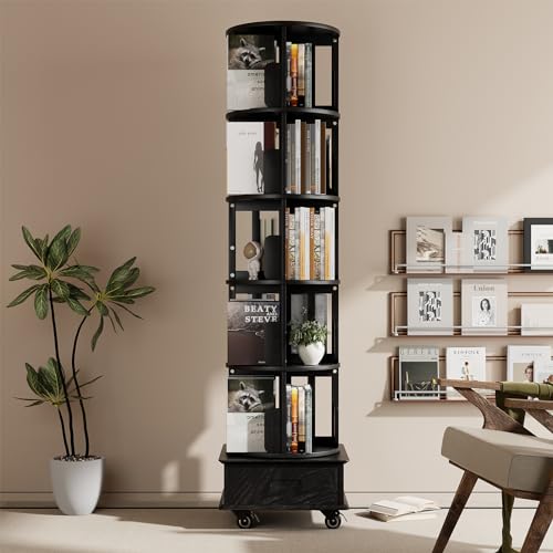 Black 5-Tier Rotating Book Shelf with Drawer A8300
