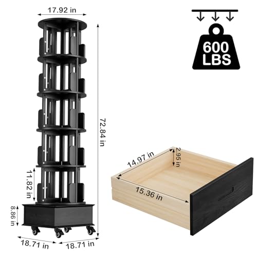 Black 5-Tier Rotating Book Shelf with Drawer A8300