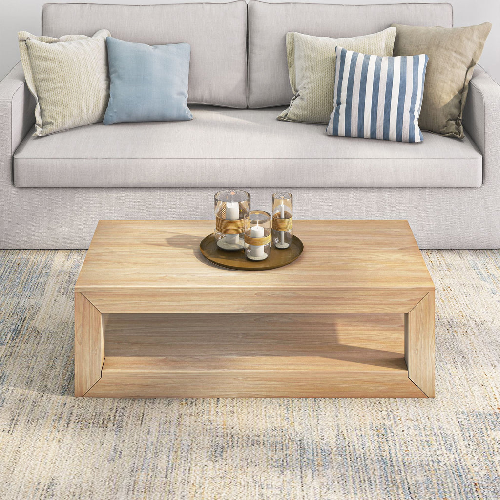 Modern Rectangular Coffee Table with Shelf, Solid Wood 2 Tier N5274