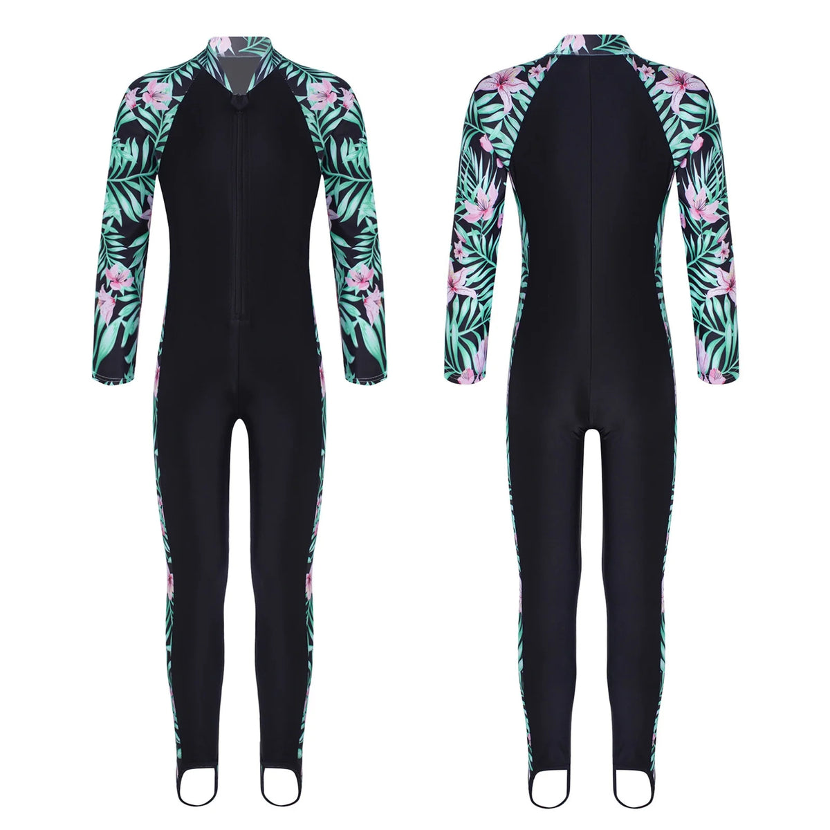 Kids Girls One Piece Zip up Rash Guard Shirt Swimsuit A549