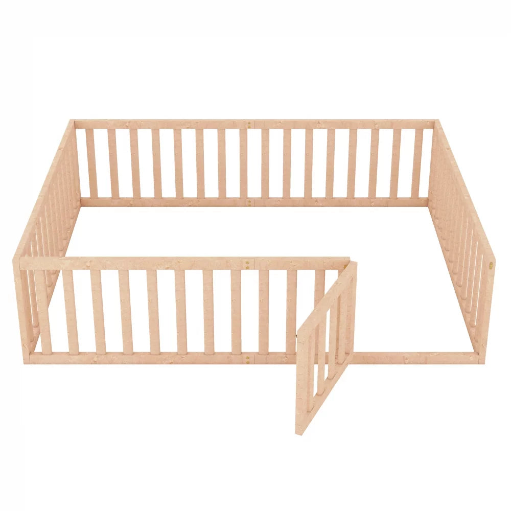 Queen Size Solid Wood Floor Bed Frame with Fence Rail and Door H58869
