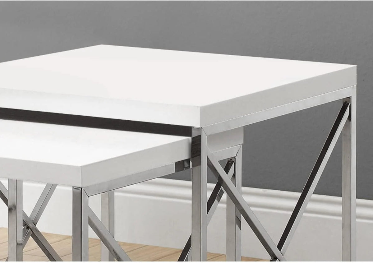 Glossy White Chrome Metal Nesting Table Set 2 Pcs E8355