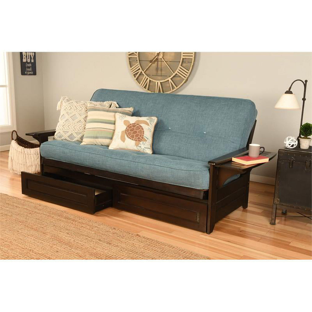 Linen Fabric Mattress Frame in Espresso/Aqua Blue L70516