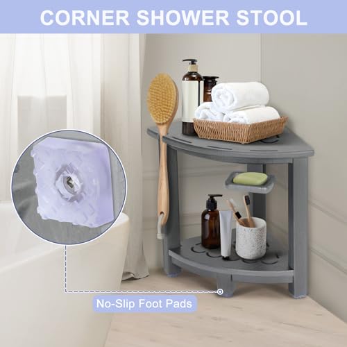 Black HDPE Corner Shower Stool with Storage Shelf and Adjustable Feet E230