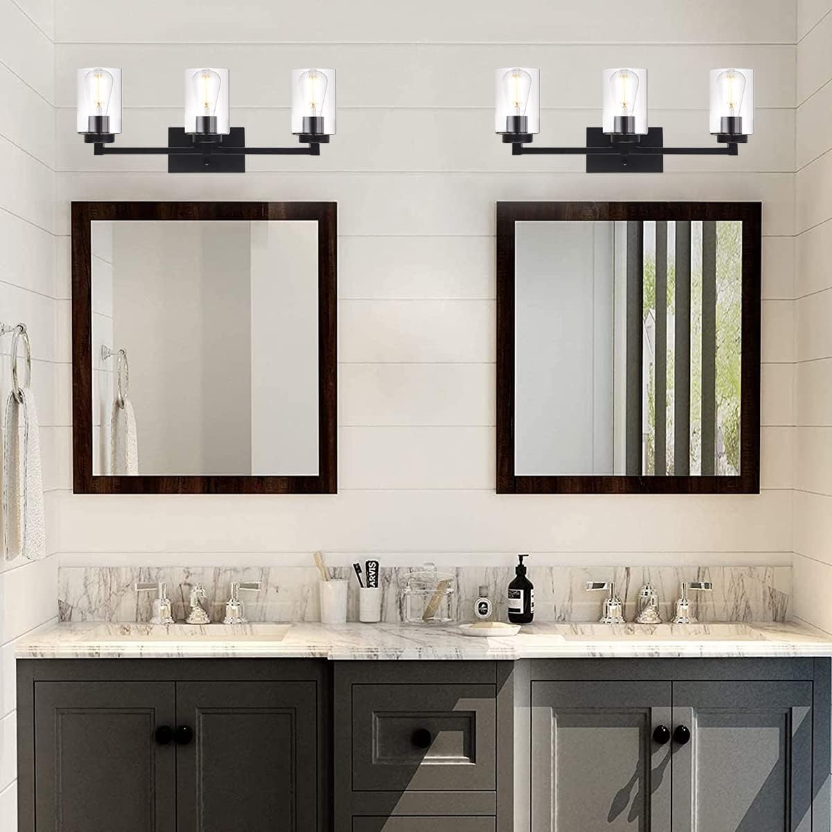 4 Light Matte Black Bathroom Light Fixtures 31.1 Inches Vanity Lighting with Glass Shade G61523