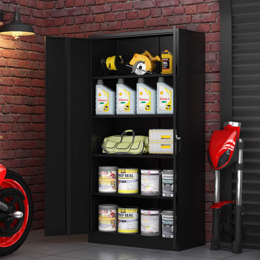 Black Metal Storage Cabinet with 4 Adjustable Shelves and Lockable Doors D73455