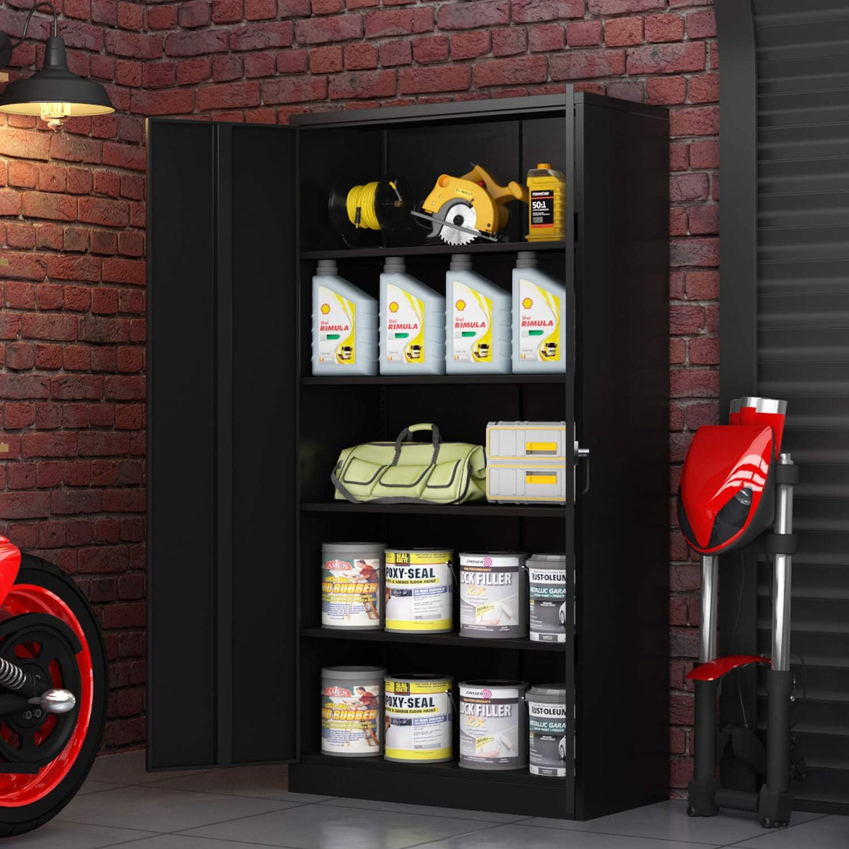 Black Metal Storage Cabinet with 4 Adjustable Shelves and Lockable Doors D73455
