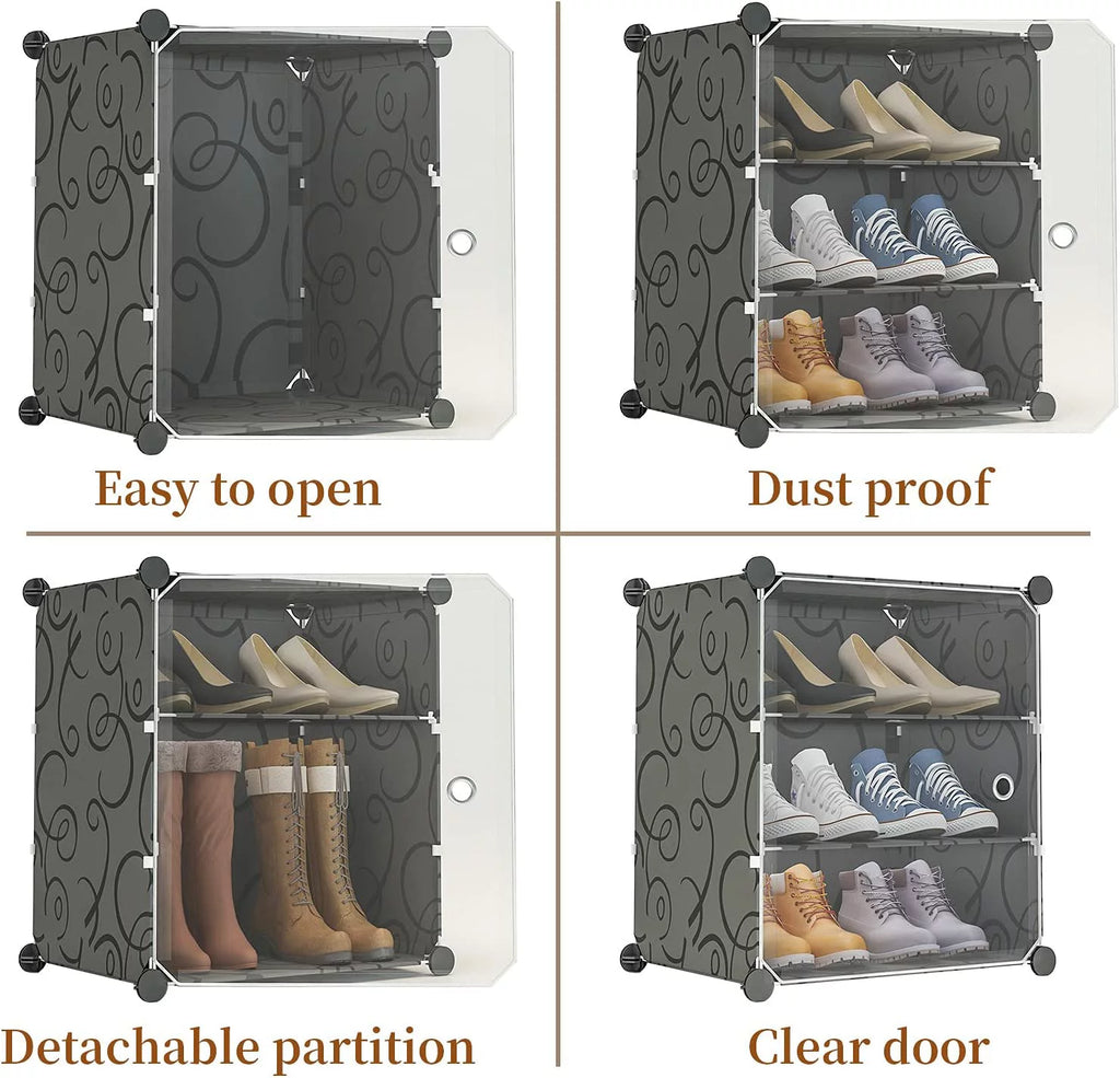 Portable Shoe Rack Organizer with Door, 36 Pair Plastic Shoe Storage Shelf, Black T5196