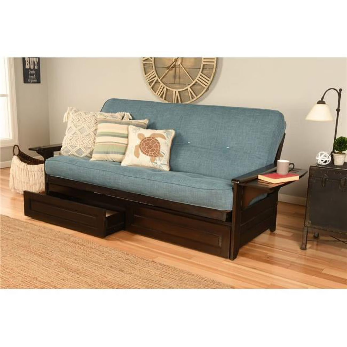 Linen Fabric Mattress Frame in Espresso/Aqua Blue L70516