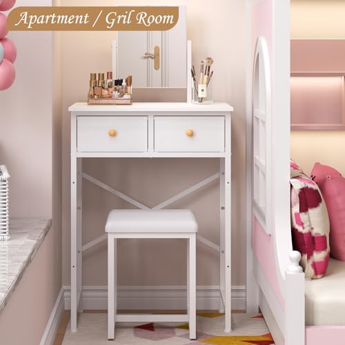 White Compact Vanity Desk with Mirror and Chair I82474