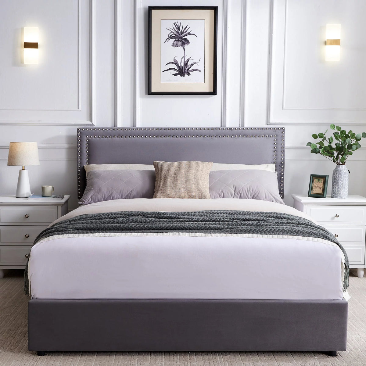 Beige Full Bed Frame with 4 Storage Drawers and Adjustable Headboard X580181