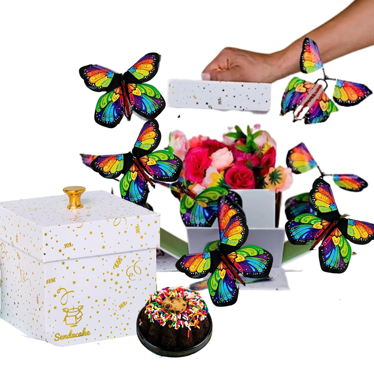 White & Gold Foil Celebration Explosion Flying Butterfly Surprise Cake & Flowers Gift Box Y29058