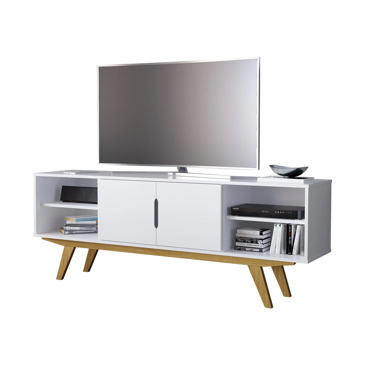 Modern White TV Stand with 4 Open Shelves X44822