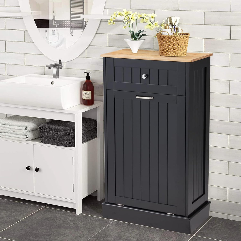 Black 10 Gallon Wood Trash Can Cabinet with Drawer & Cutting Board B147887