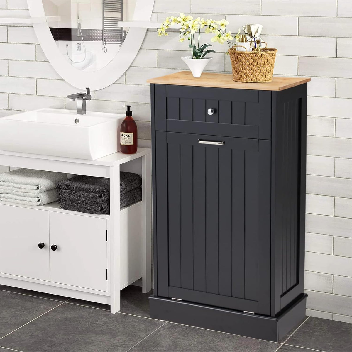 Black 10 Gallon Wood Trash Can Cabinet with Drawer & Cutting Board B147887