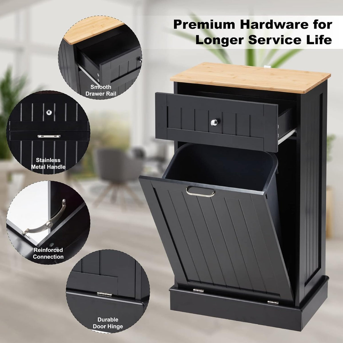 Black 10 Gallon Wood Trash Can Cabinet with Drawer & Cutting Board B147887