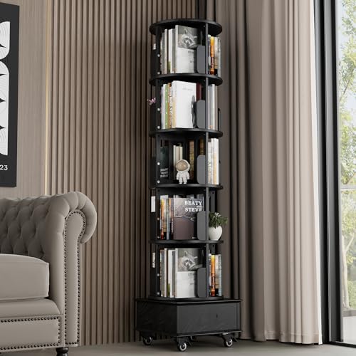 Black 5-Tier Rotating Book Shelf with Drawer A8300