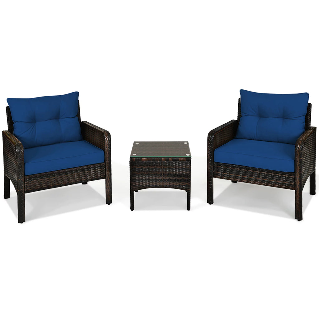 3 Pcs Rattan Patio Conversation Set with Navy Cushions X44598