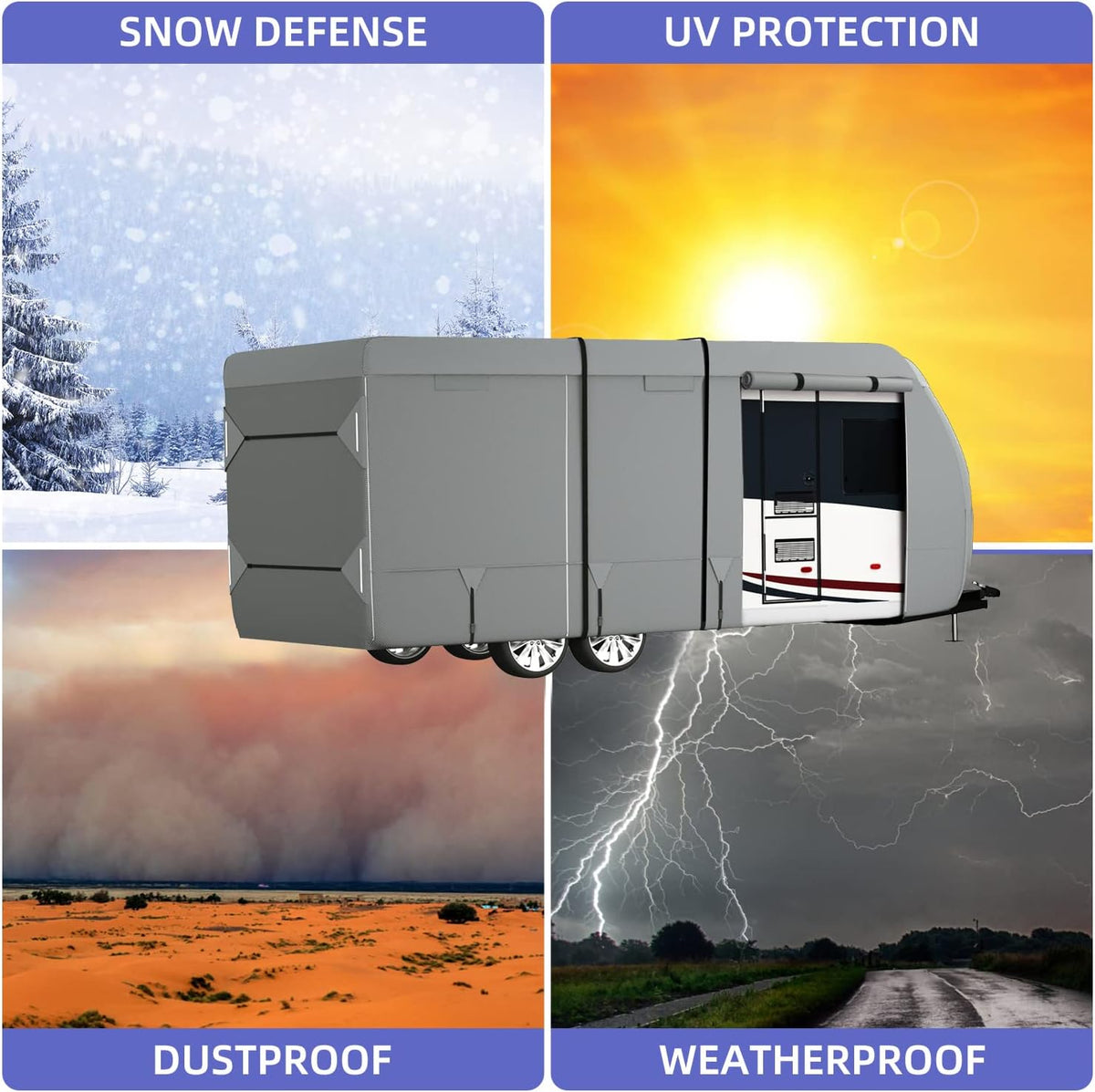RV Cover with Tongue Jack Cover, Extra Windproof Ropes, Gutter Covers B823870