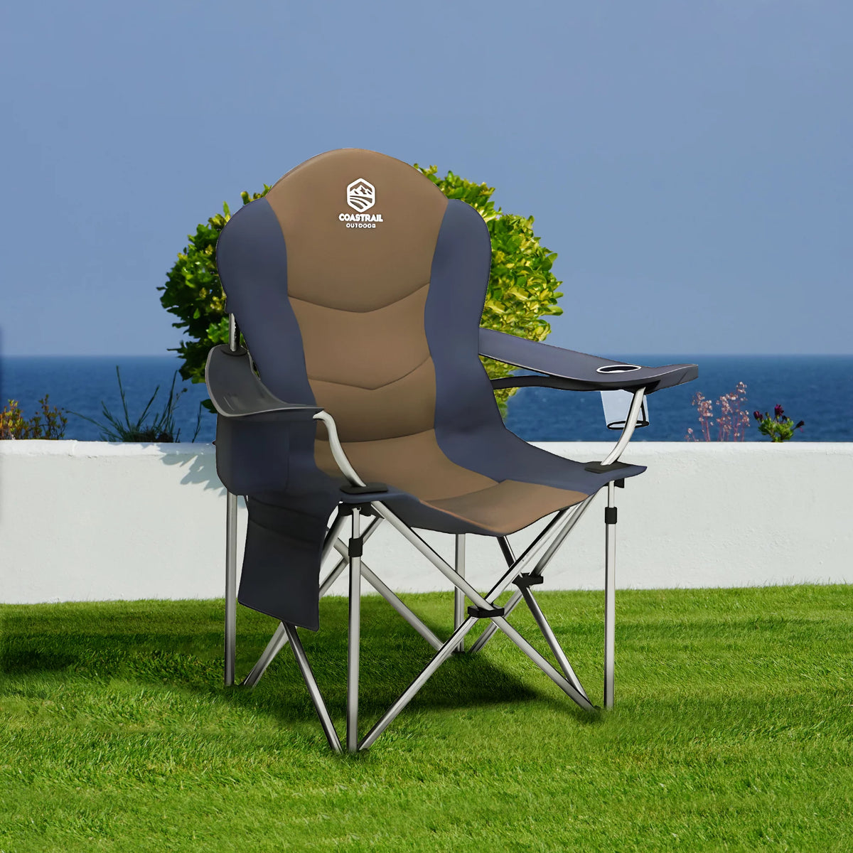 Oversized Padded Folding Camping Chair with Cooler Bag and Cup Holder Y1667