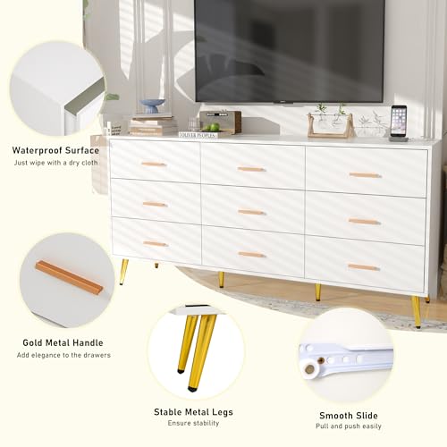 White 9 Drawer Wood Dresser with Charging Station B958