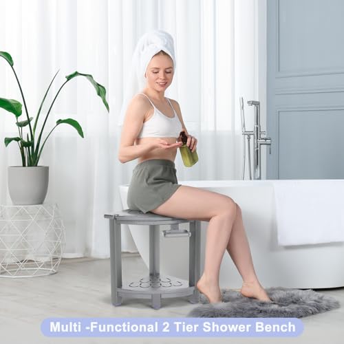 Black HDPE Corner Shower Stool with Storage Shelf and Adjustable Feet E230