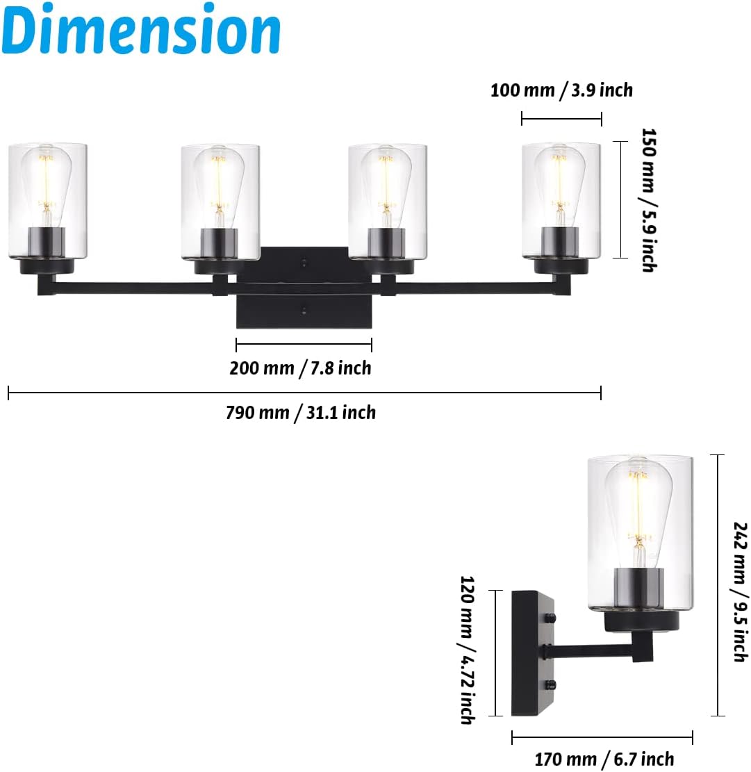 4 Light Matte Black Bathroom Light Fixtures 31.1 Inches Vanity Lighting with Glass Shade G61523