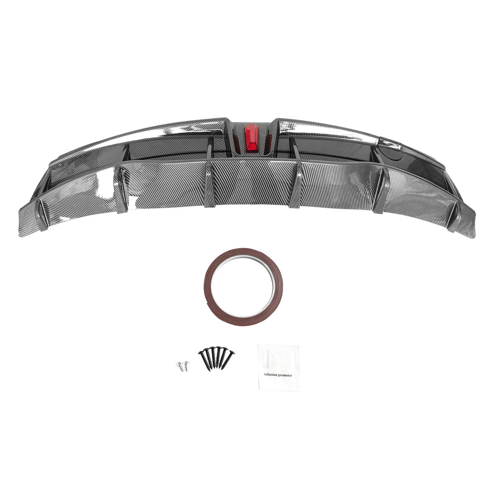 Rear Diffuser Lip for Tesla Model Y Sport 4-Door Carbon Fiber Print PP Rear Lower Bumper Protector Lip With LED Lamp I183