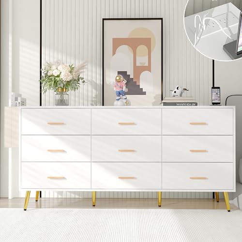 White 9 Drawer Wood Dresser with Charging Station B958