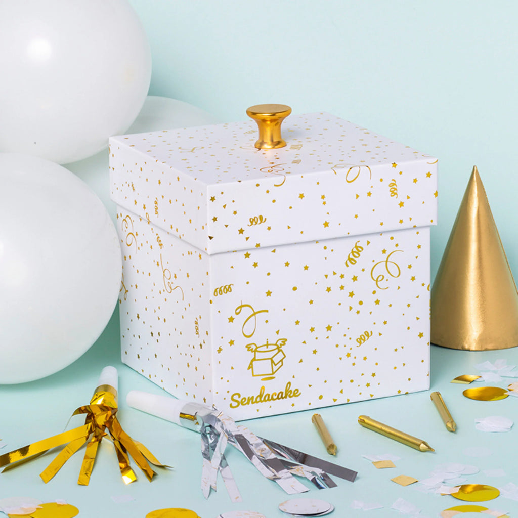 White & Gold Foil Celebration Explosion Flying Butterfly Surprise Cake & Flowers Gift Box Y29058