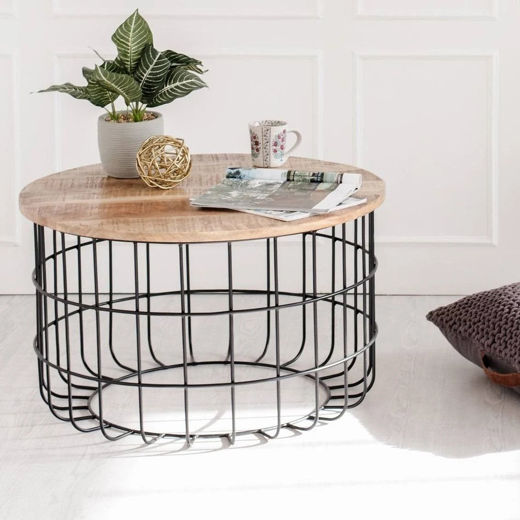 Black and Natural Wood Cage Coffee Table J6014