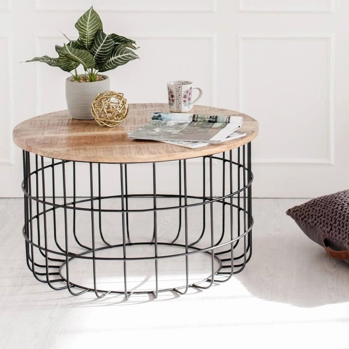 Black and Natural Wood Cage Coffee Table J6014