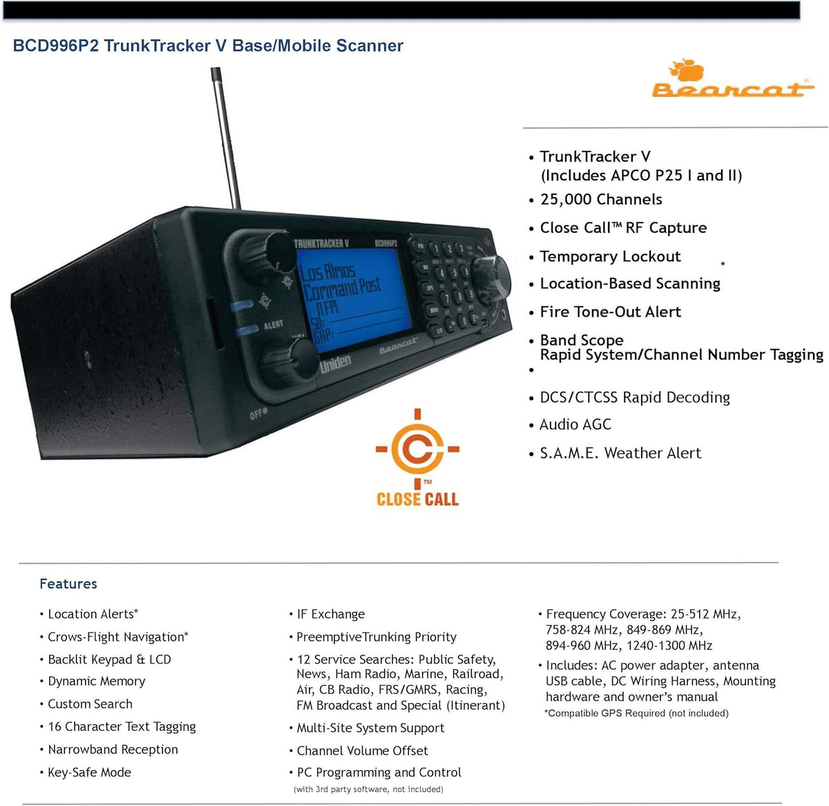 Digital Mobile TrunkTracker V Scanner, 25,000 Channels, Phase 2 T936