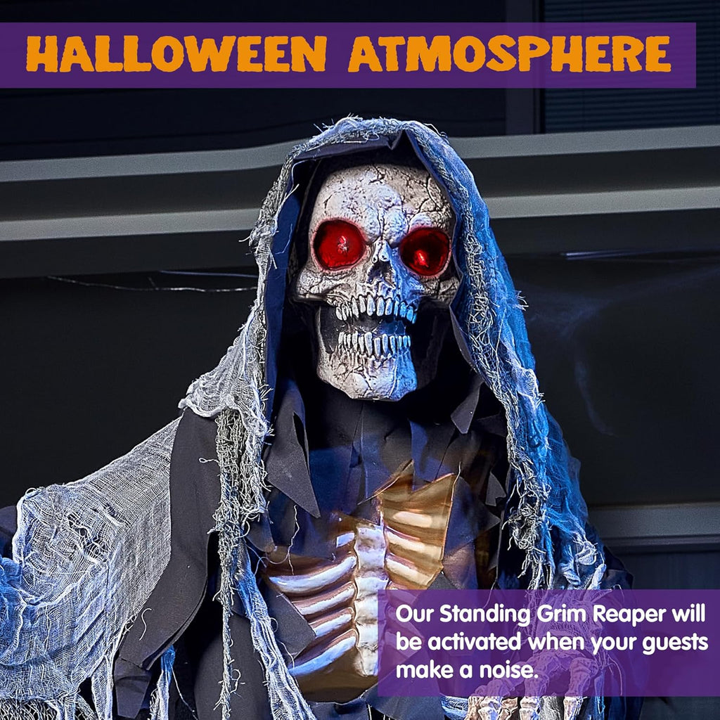 67" Halloween Animatronics Grim Reaper Animated Decoration with Light-Up Eyes W74699