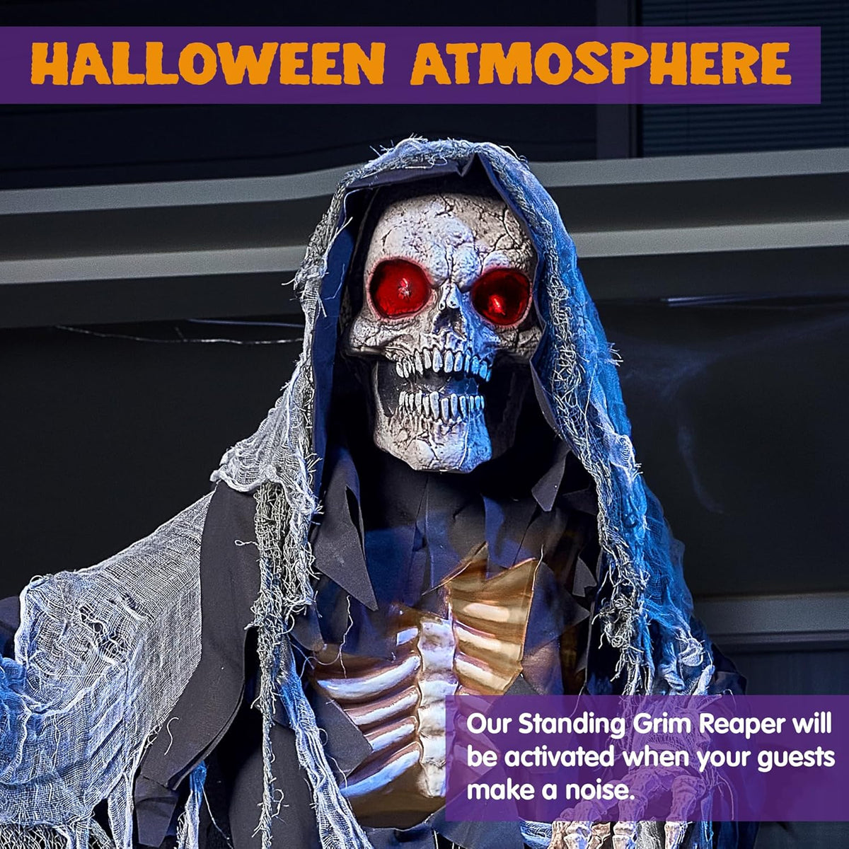 67" Halloween Animatronics Grim Reaper Animated Decoration with Light-Up Eyes W74699
