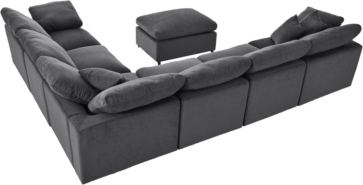 Deep Seat Convertible Modular Sectional Sofa with Movable Ottoman, Oversized Corner Couch with Throw Pillows, 7 Seater Polyester Upholstery Sofa Q816