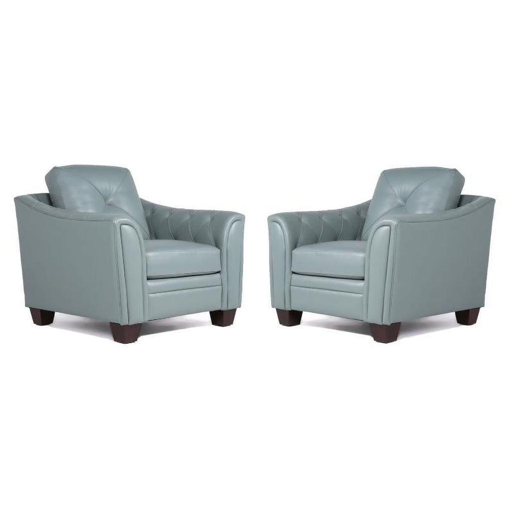 2 Piece Tufted Leather Accent Chair Set In Spa Blue W5531