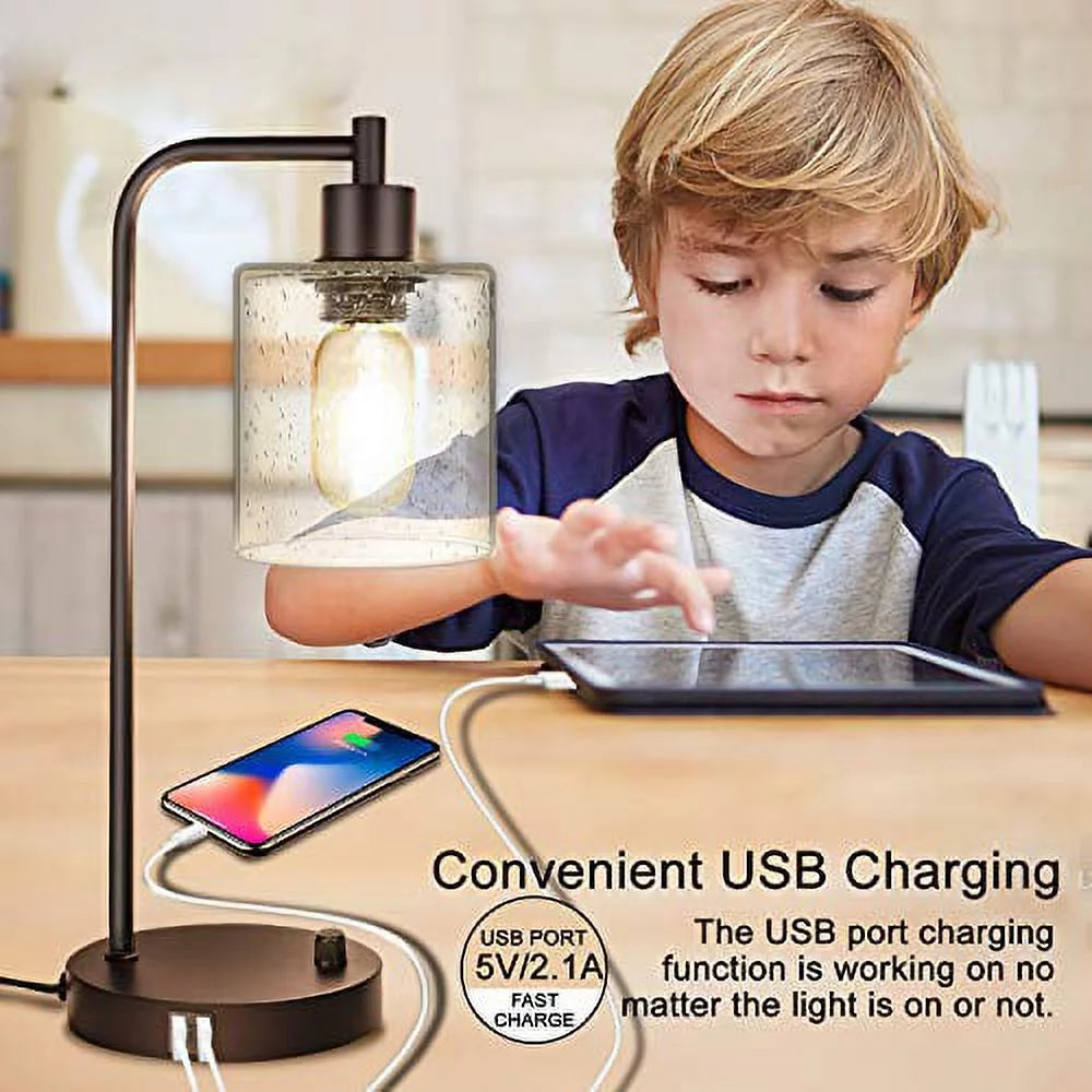 Set of 2 Dimmable Table Lamps with USB Port, Seeded Glass & Matte Black S237