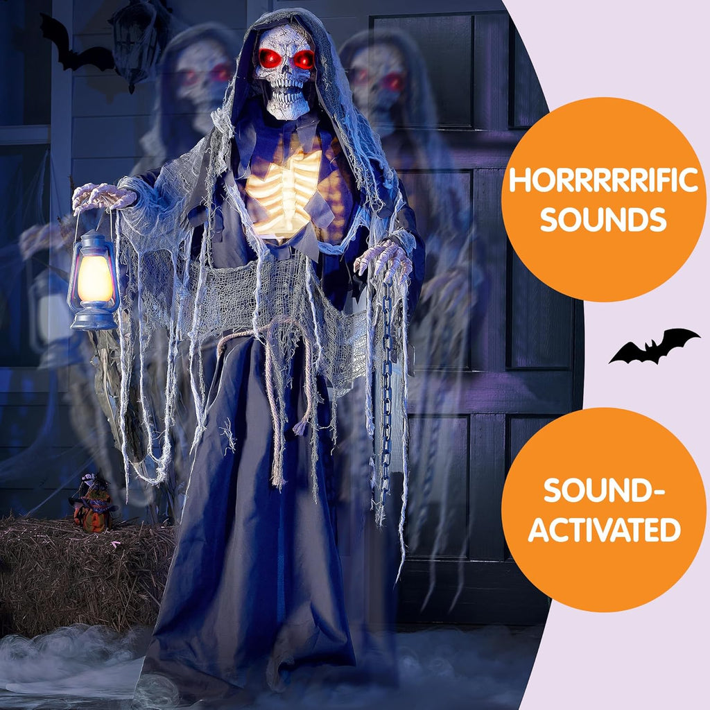 67" Halloween Animatronics Grim Reaper Animated Decoration with Light-Up Eyes W74699