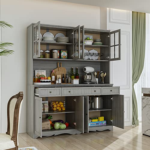 Large Wooden Grey Kitchen Hutch Cabinet with Glass Doors P7885