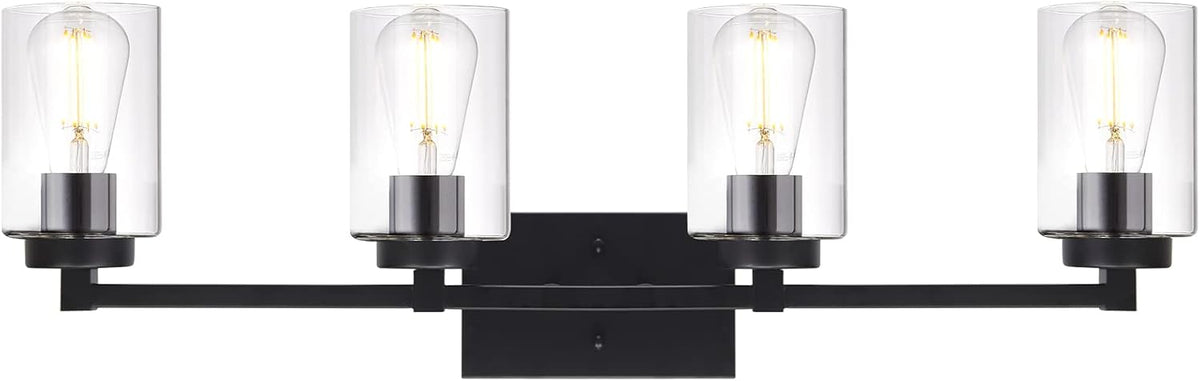4 Light Matte Black Bathroom Light Fixtures 31.1 Inches Vanity Lighting with Glass Shade G61523