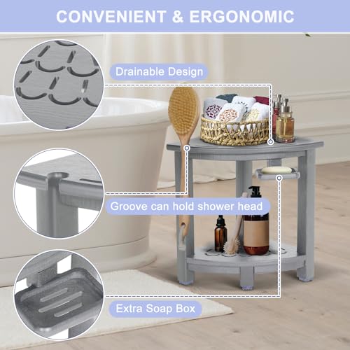 Black HDPE Corner Shower Stool with Storage Shelf and Adjustable Feet E230