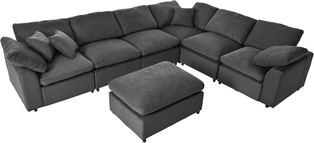 Deep Seat Convertible Modular Sectional Sofa with Movable Ottoman, Oversized Corner Couch with Throw Pillows, 7 Seater Polyester Upholstery Sofa Q816