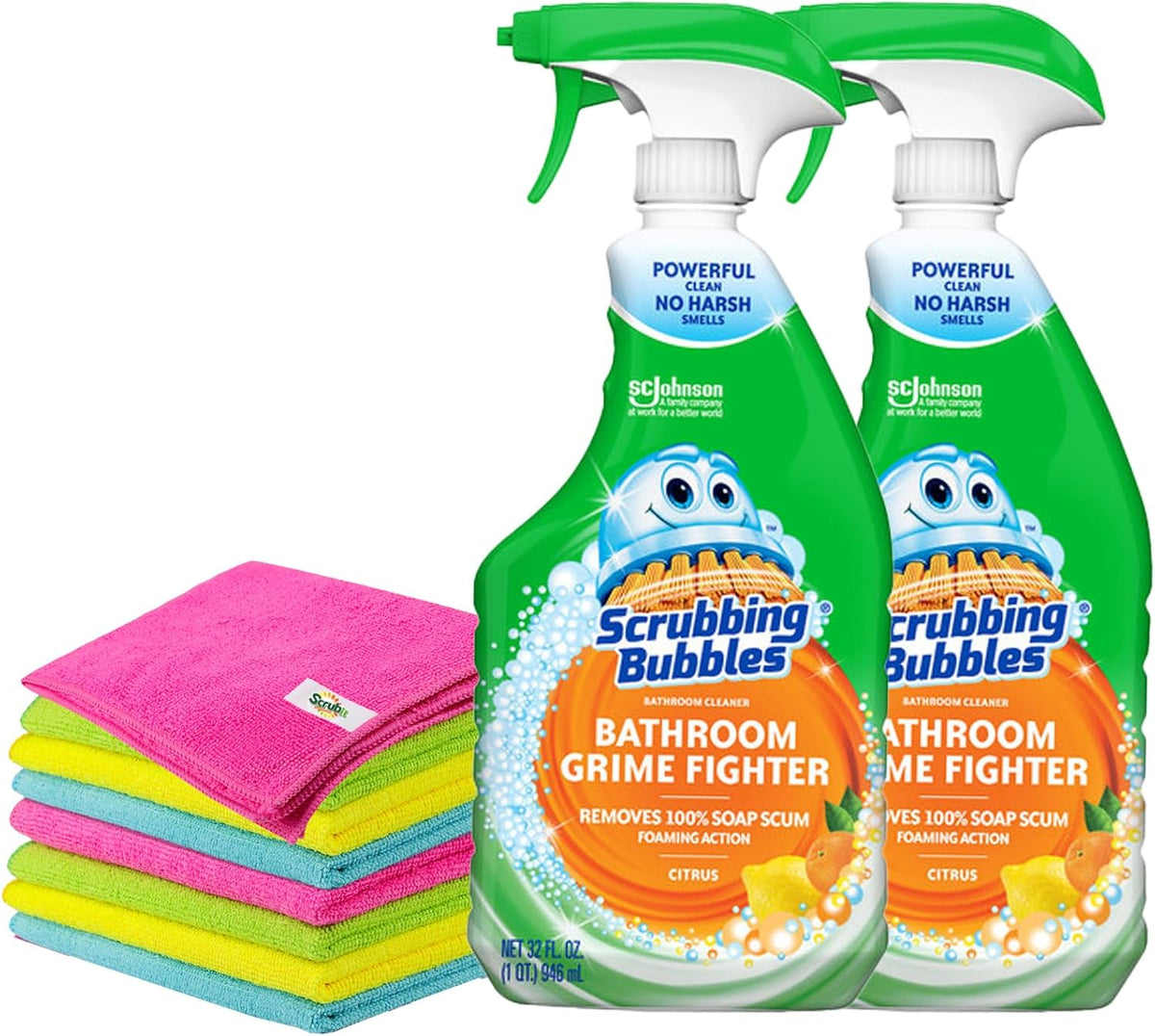 Citrus Bathroom Cleaner Spray, 32 fl oz, 2 Pack with 8 Count Microfiber Cleaning Cloths F6557