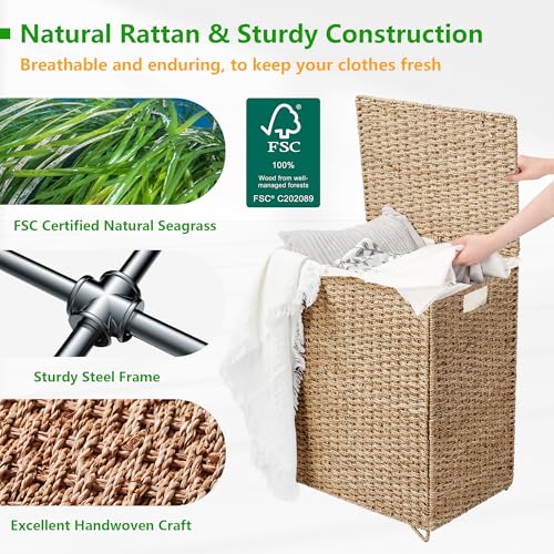 90L Foldable Natural Seagrass Laundry Hamper with Lid W98098