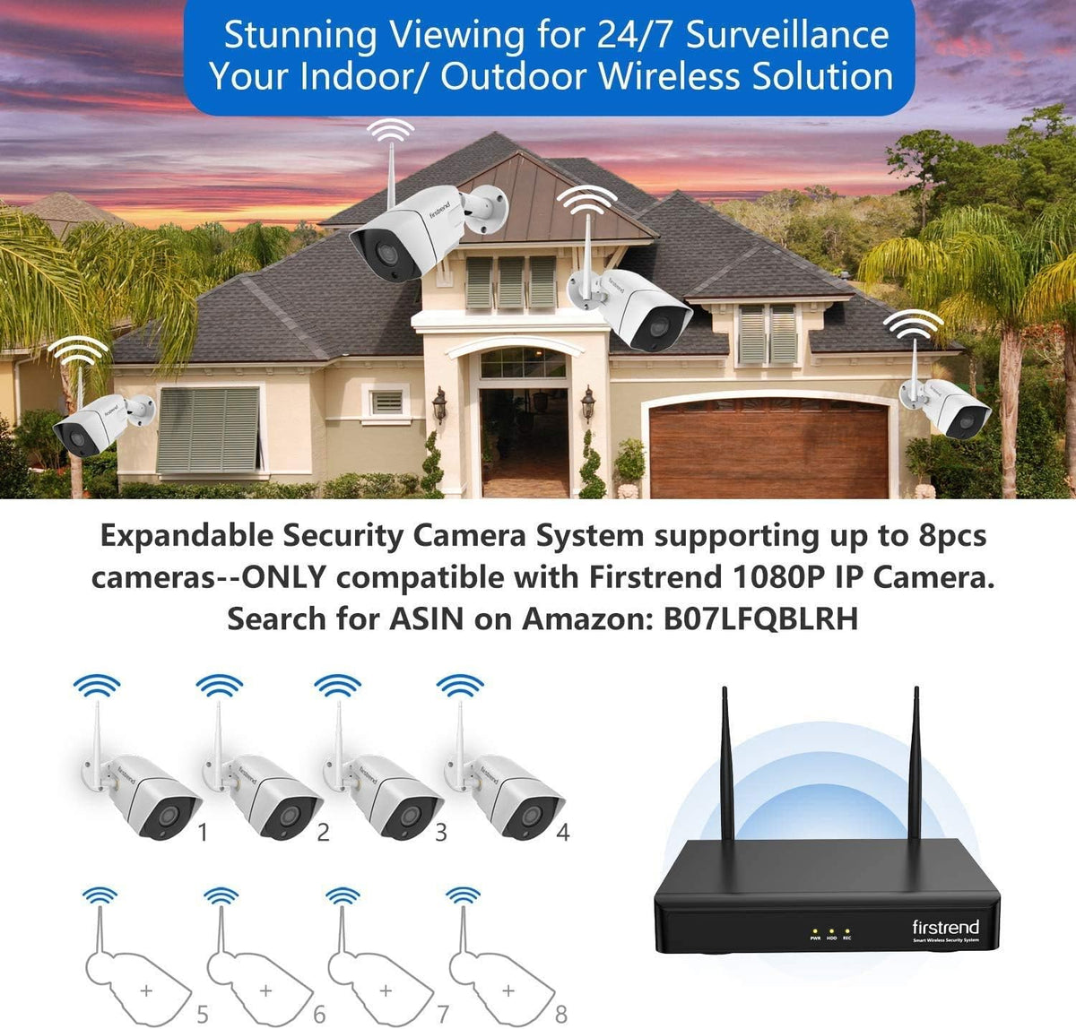 Wireless 1080P 8CH Security Camera System with 4pcs 2MP Cameras 1TB HDD Z474