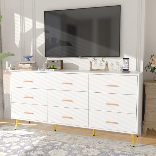 White 9 Drawer Wood Dresser with Charging Station B958