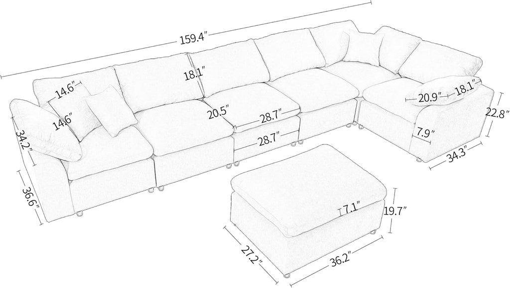 Deep Seat Convertible Modular Sectional Sofa with Movable Ottoman, Oversized Corner Couch with Throw Pillows, 7 Seater Polyester Upholstery Sofa Q816