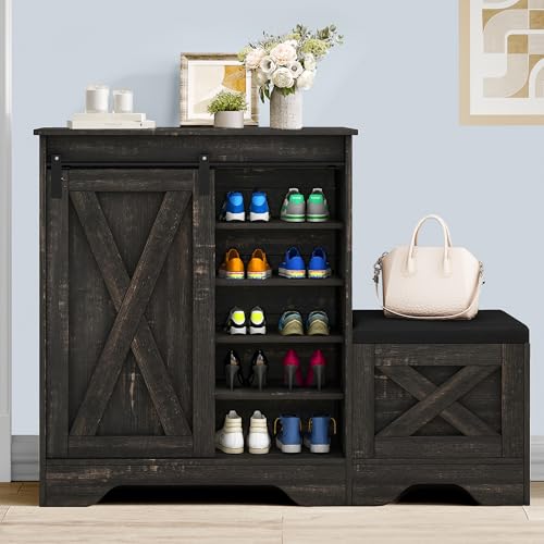 Dark Rustic Oak 5-Tier Shoe Cabinet with Sliding Door U97608