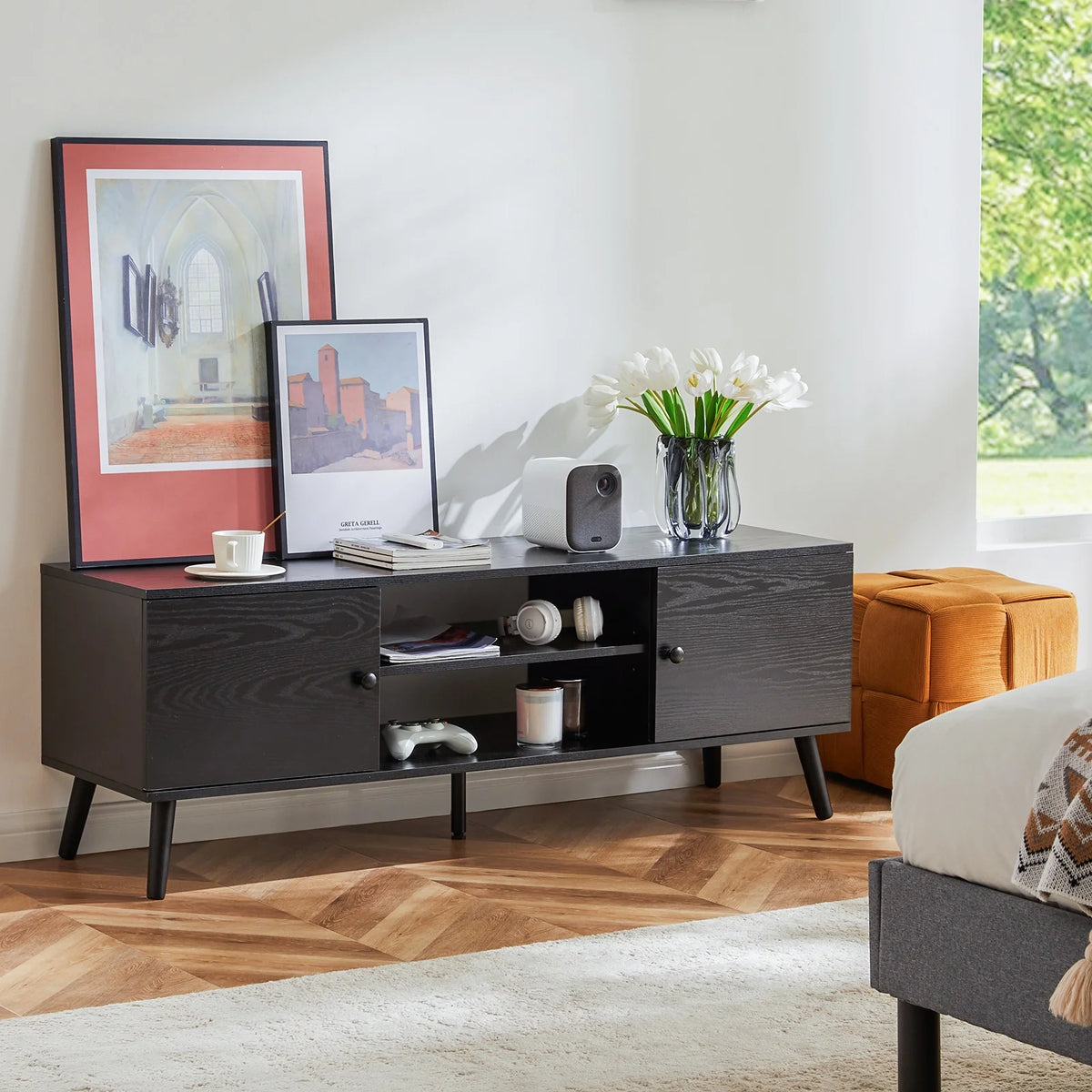 Black TV Stand with Storage Cabinets E25015